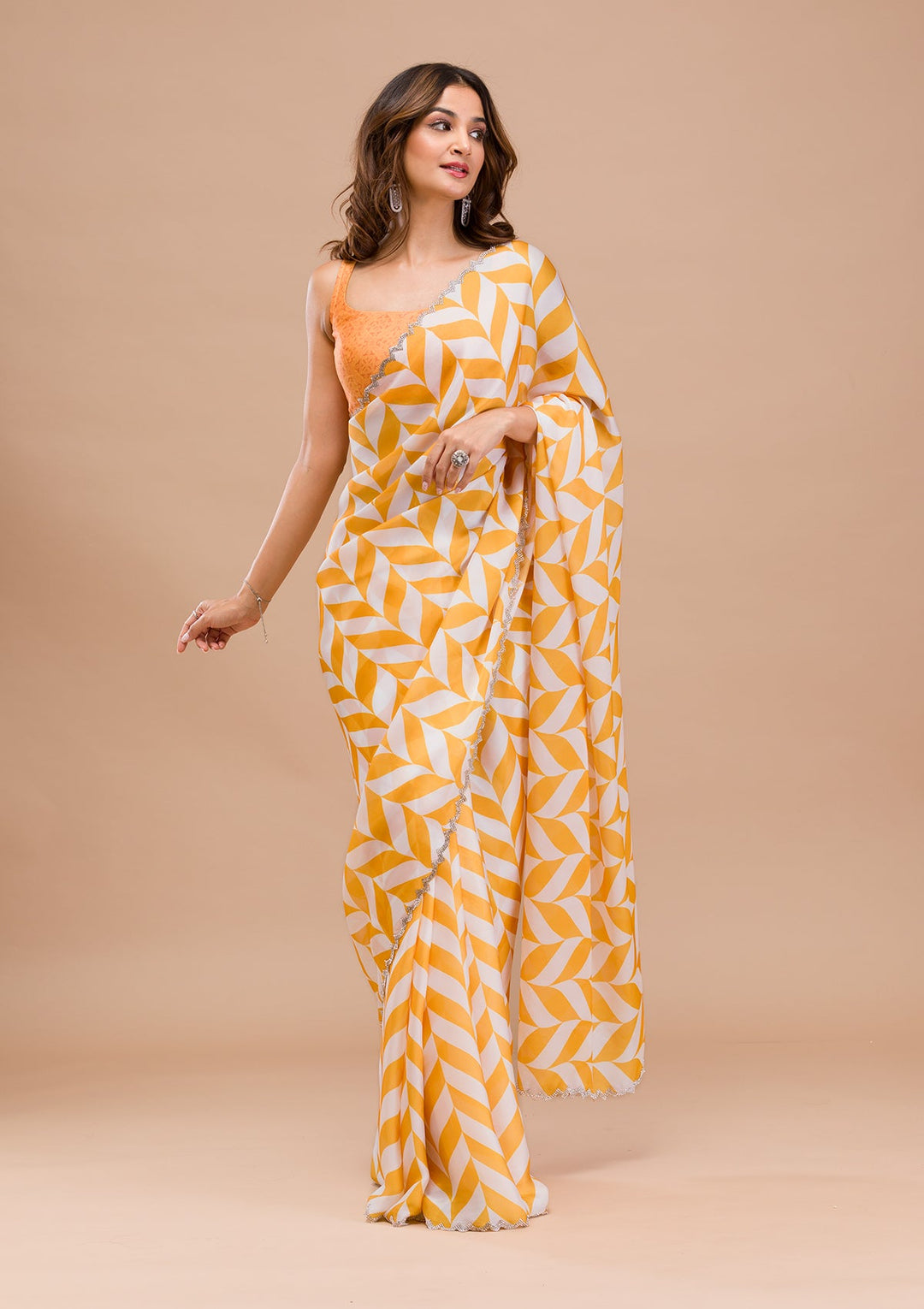 Yellow Printed Satin Saree-Koskii