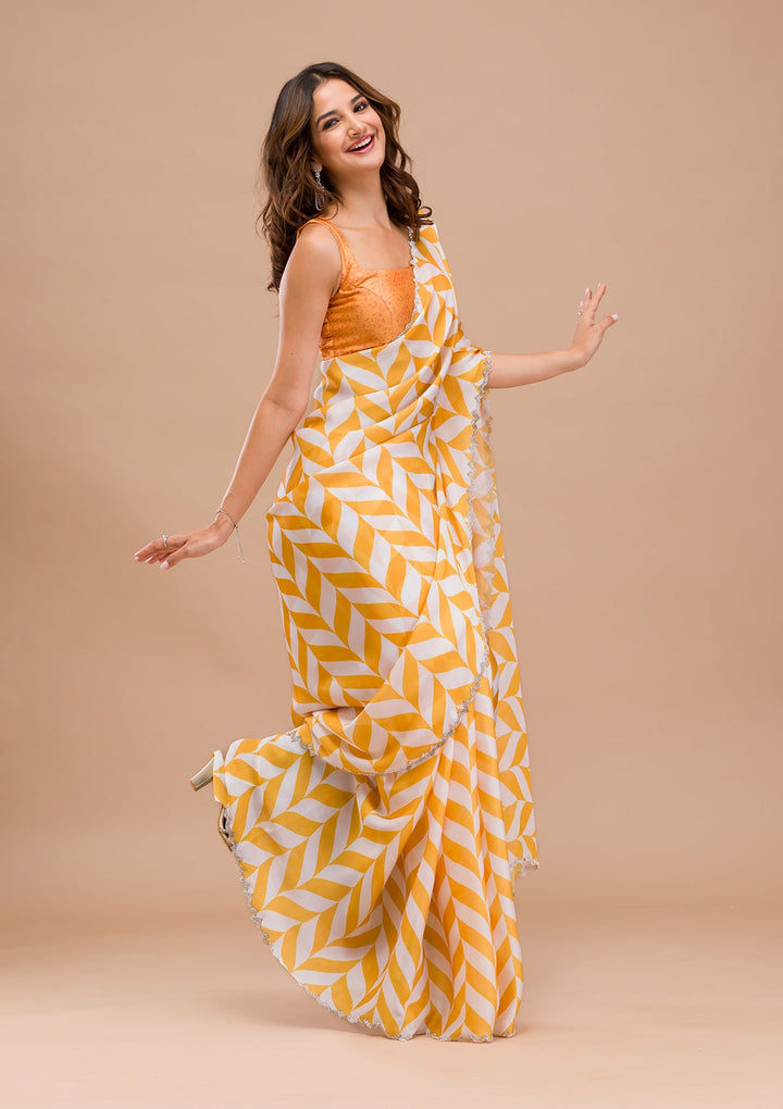 Yellow Printed Satin Saree-Koskii