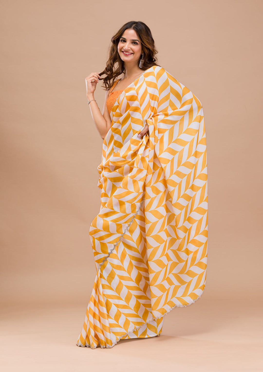 Yellow Printed Satin Saree-Koskii