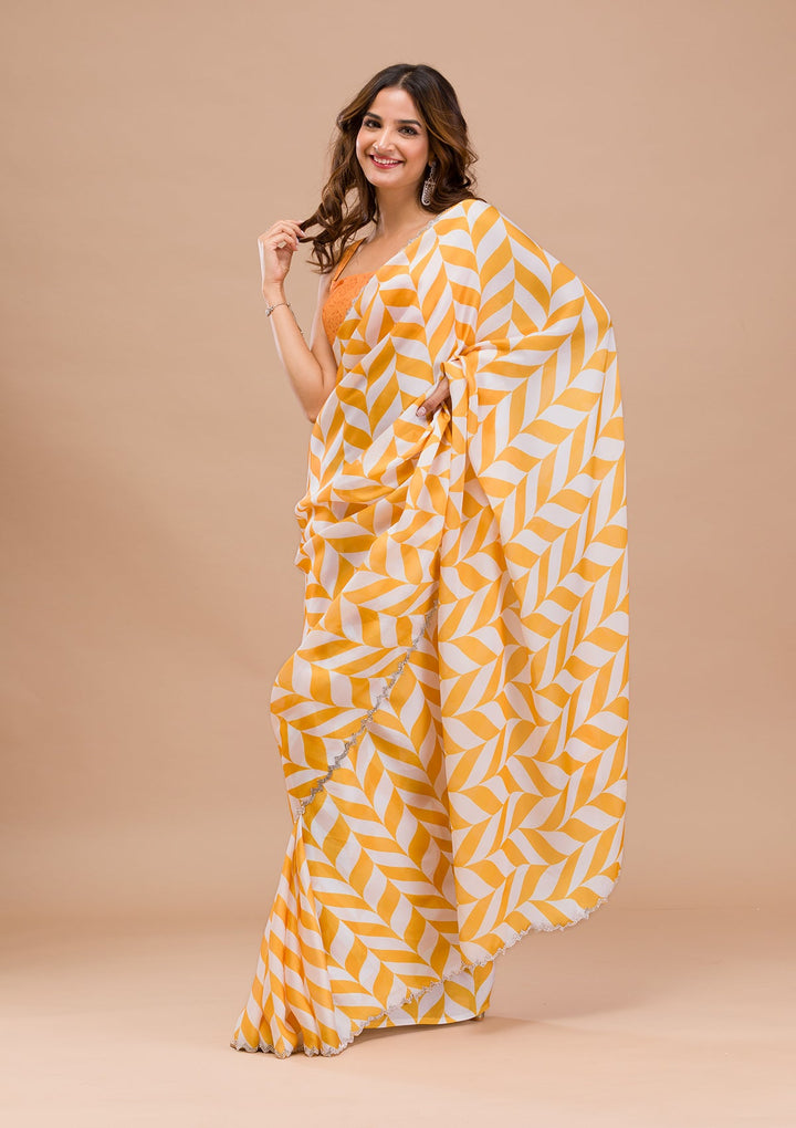 Yellow Printed Satin Saree-Koskii