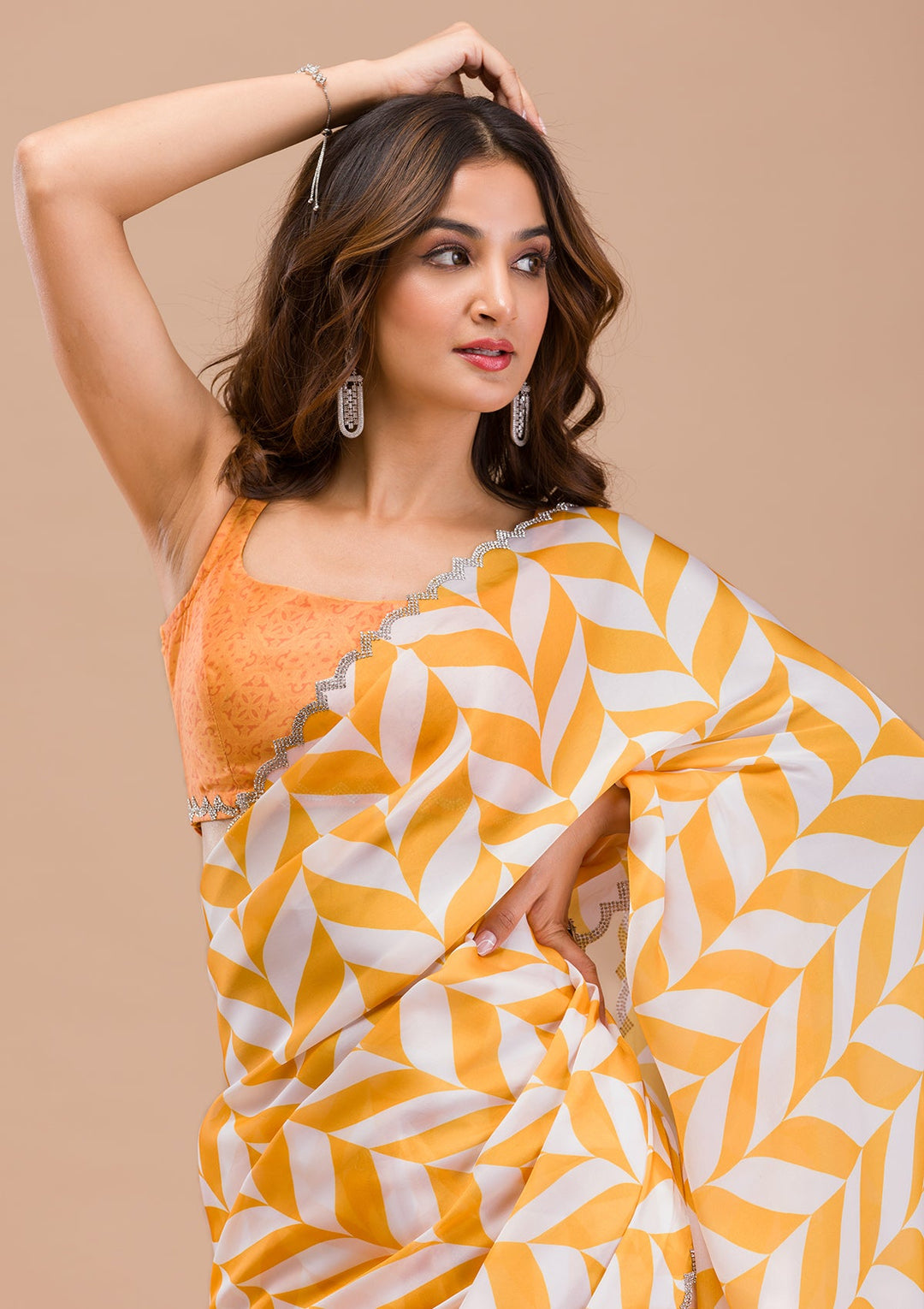 Yellow Printed Satin Saree-Koskii