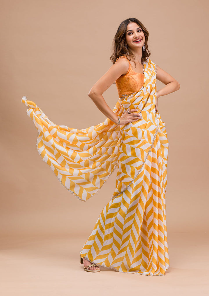 Yellow Printed Satin Saree-Koskii