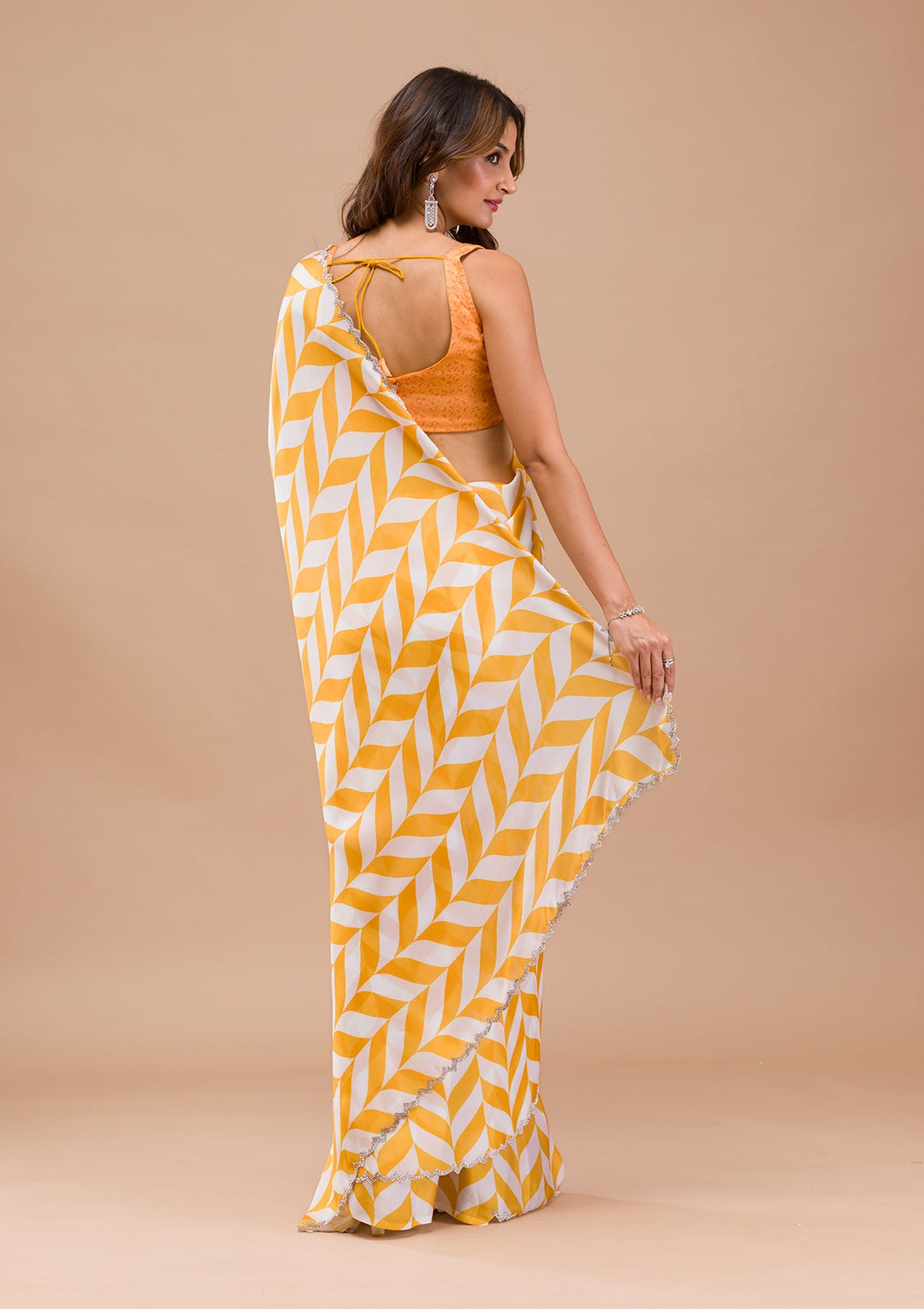 Yellow Printed Satin Saree-Koskii