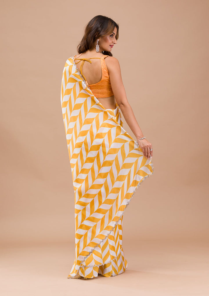 Yellow Printed Satin Saree-Koskii