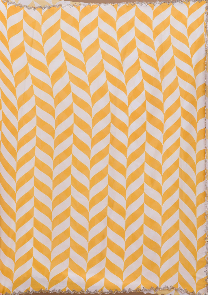 Yellow Printed Satin Saree-Koskii