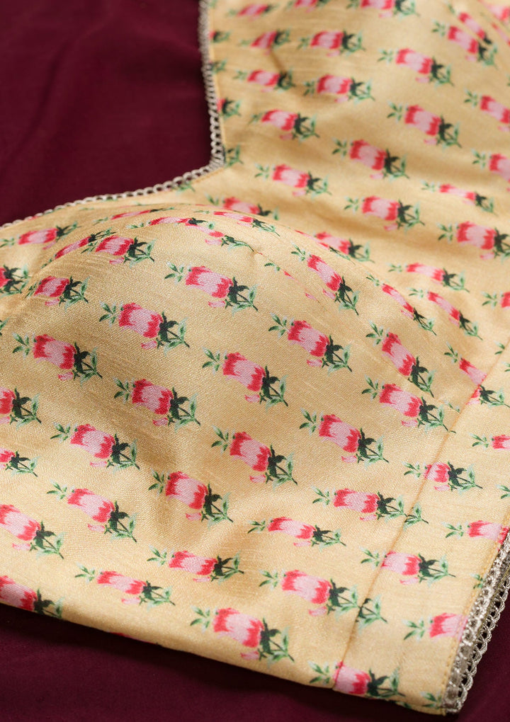 Yellow Printed Semi Crepe Blouse-Koskii