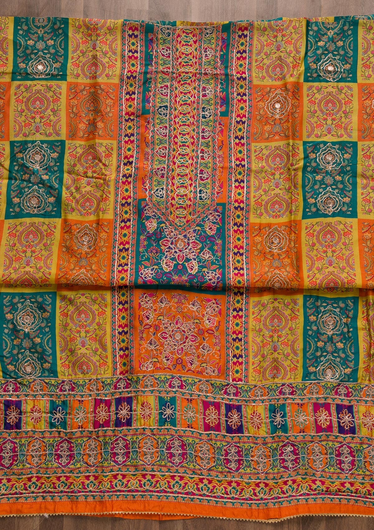 Yellow Printed Semi Crepe Unstitched Salwar Suit-Koskii