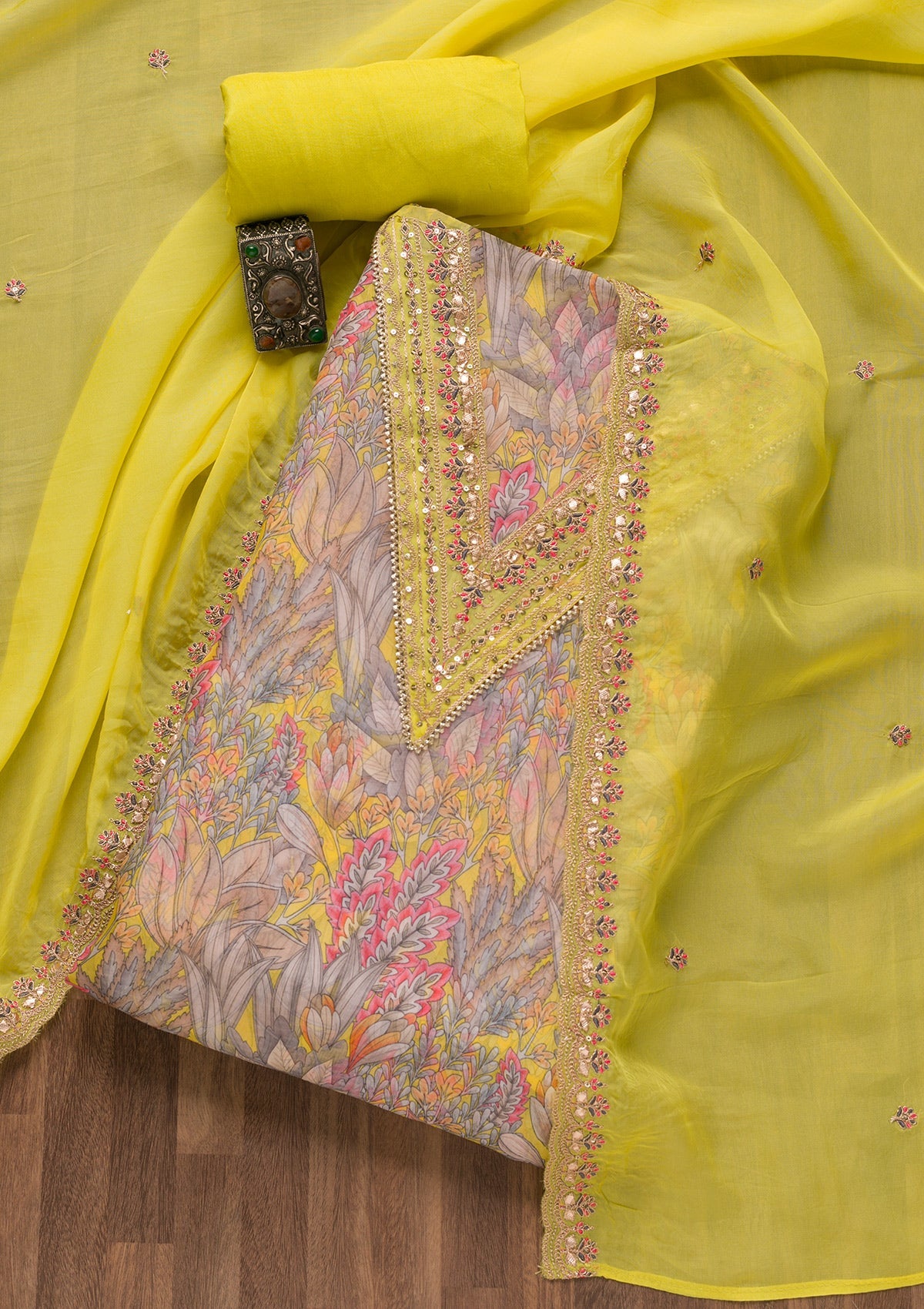 Yellow Printed Semi Crepe Unstitched Salwar Suit-Koskii