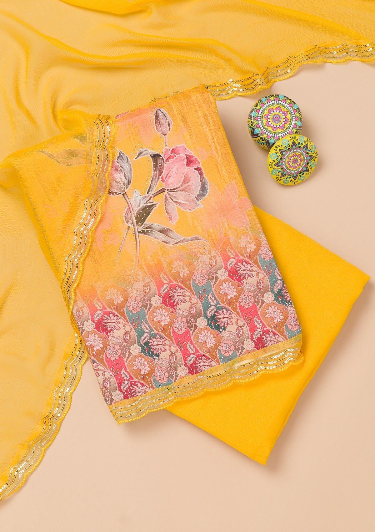 Yellow Printed Semi Crepe Unstitched Salwar Suit-Koskii