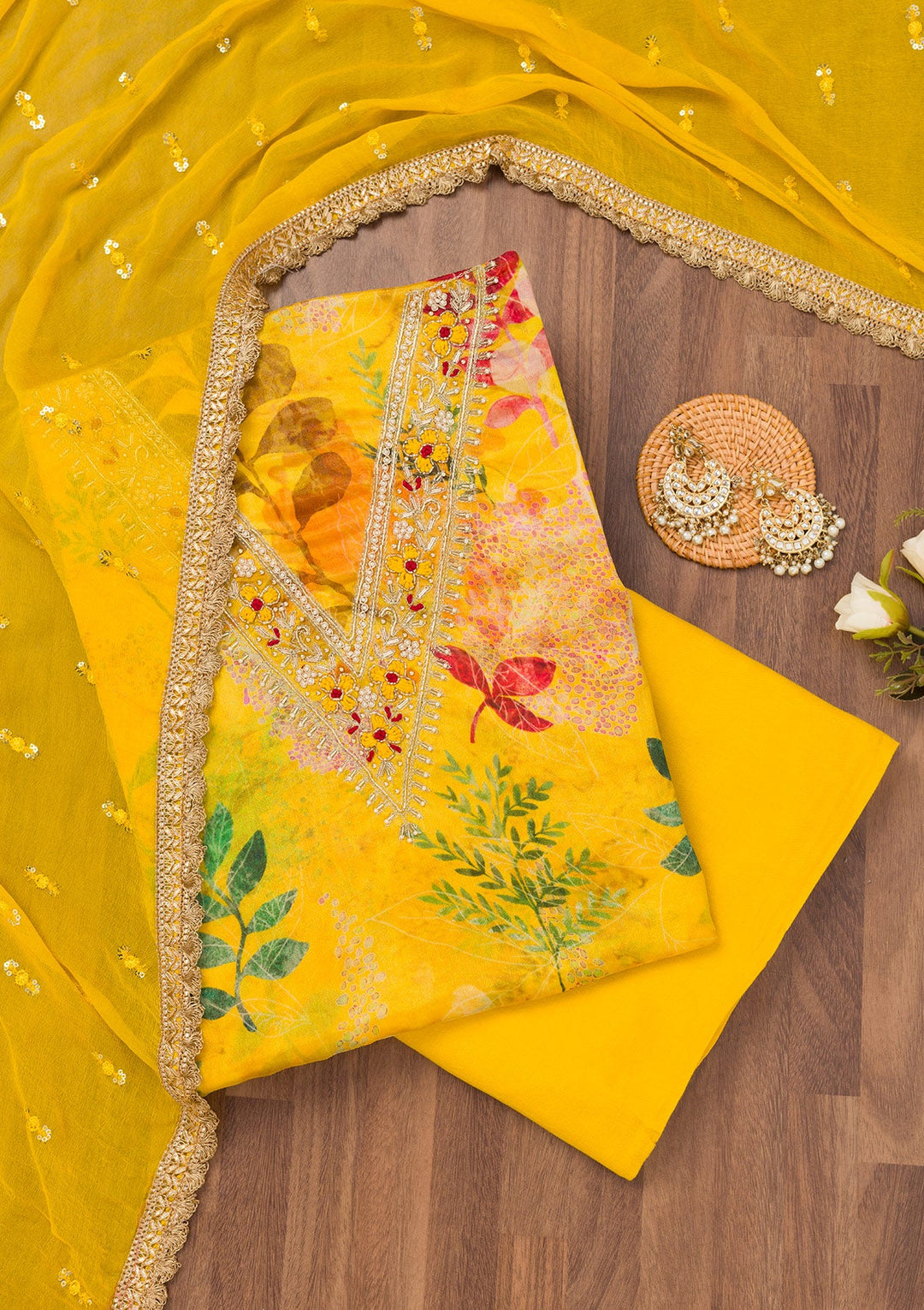 Yellow Printed Semi Crepe Unstitched Salwar Suit-Koskii