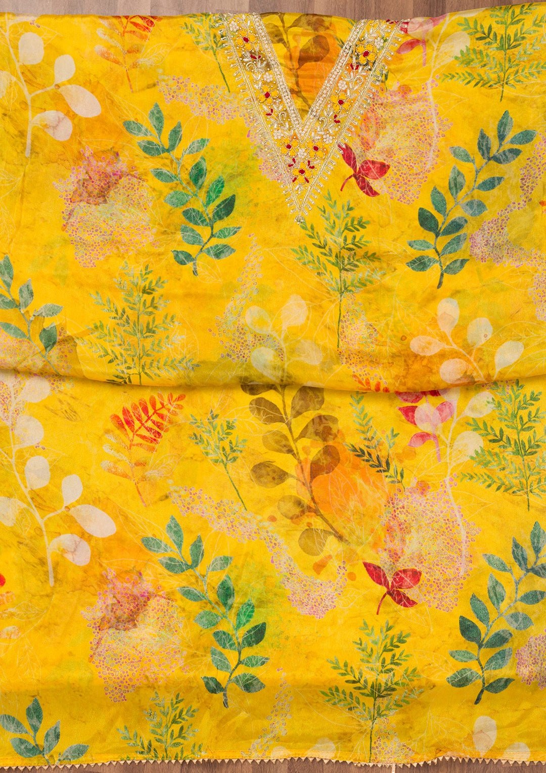 Yellow Printed Semi Crepe Unstitched Salwar Suit-Koskii