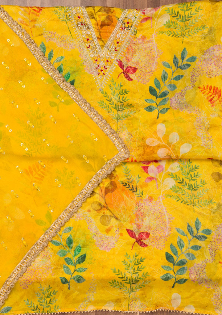 Yellow Printed Semi Crepe Unstitched Salwar Suit-Koskii