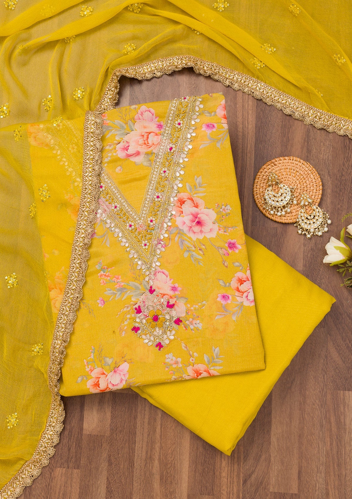 Yellow Printed Semi Crepe Unstitched Salwar Suit-Koskii