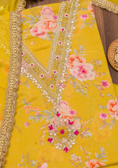 Yellow Printed Semi Crepe Unstitched Salwar Suit-Koskii