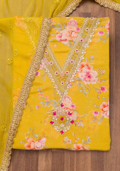 Yellow Printed Semi Crepe Unstitched Salwar Suit-Koskii