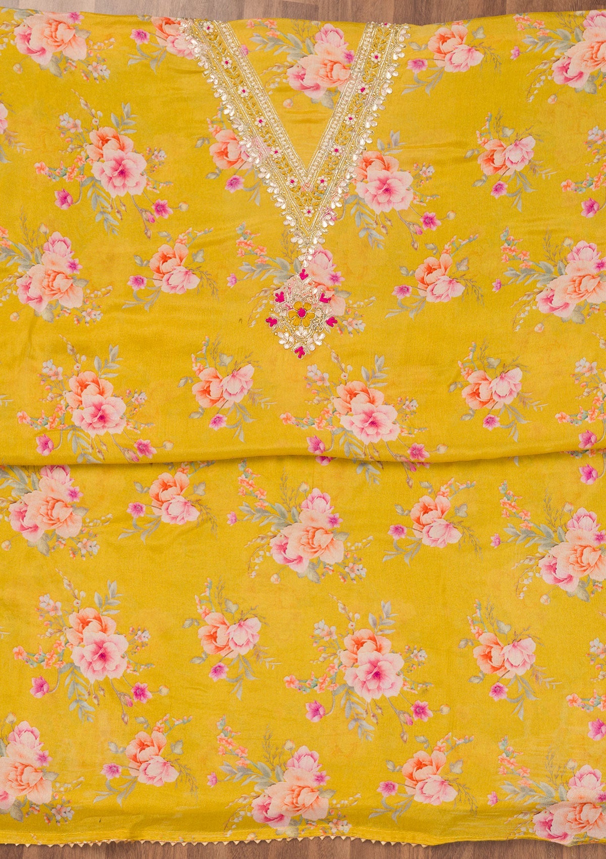 Yellow Printed Semi Crepe Unstitched Salwar Suit-Koskii