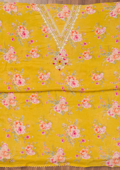 Yellow Printed Semi Crepe Unstitched Salwar Suit-Koskii