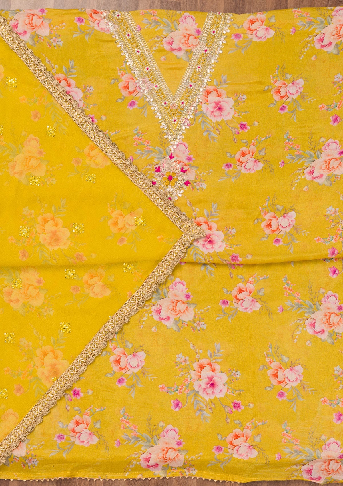 Yellow Printed Semi Crepe Unstitched Salwar Suit-Koskii