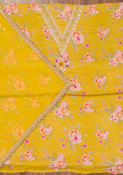 Yellow Printed Semi Crepe Unstitched Salwar Suit-Koskii