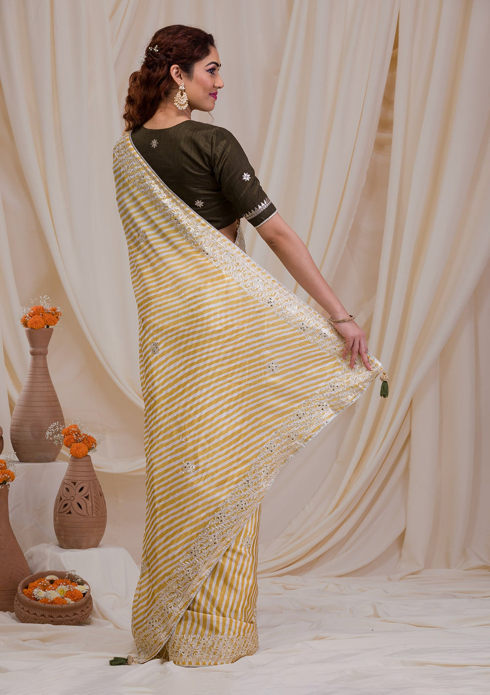 Yellow Printed Semi Crepe Saree-Koskii