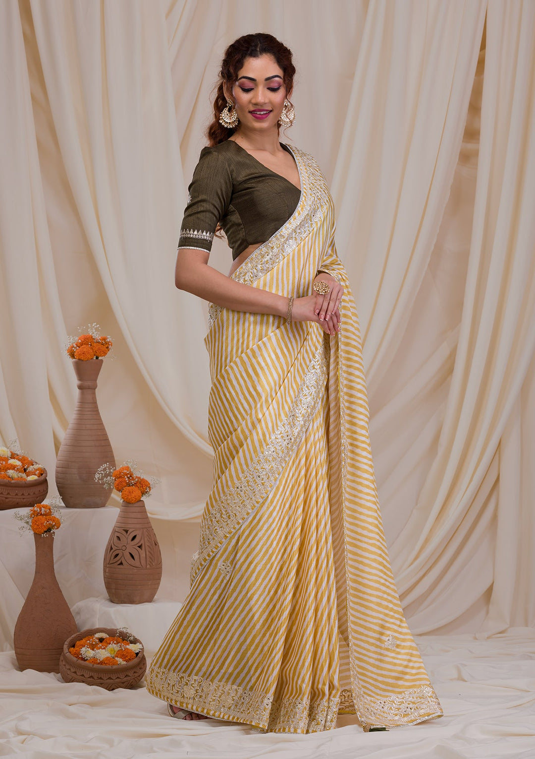 Yellow Printed Semi Crepe Saree-Koskii