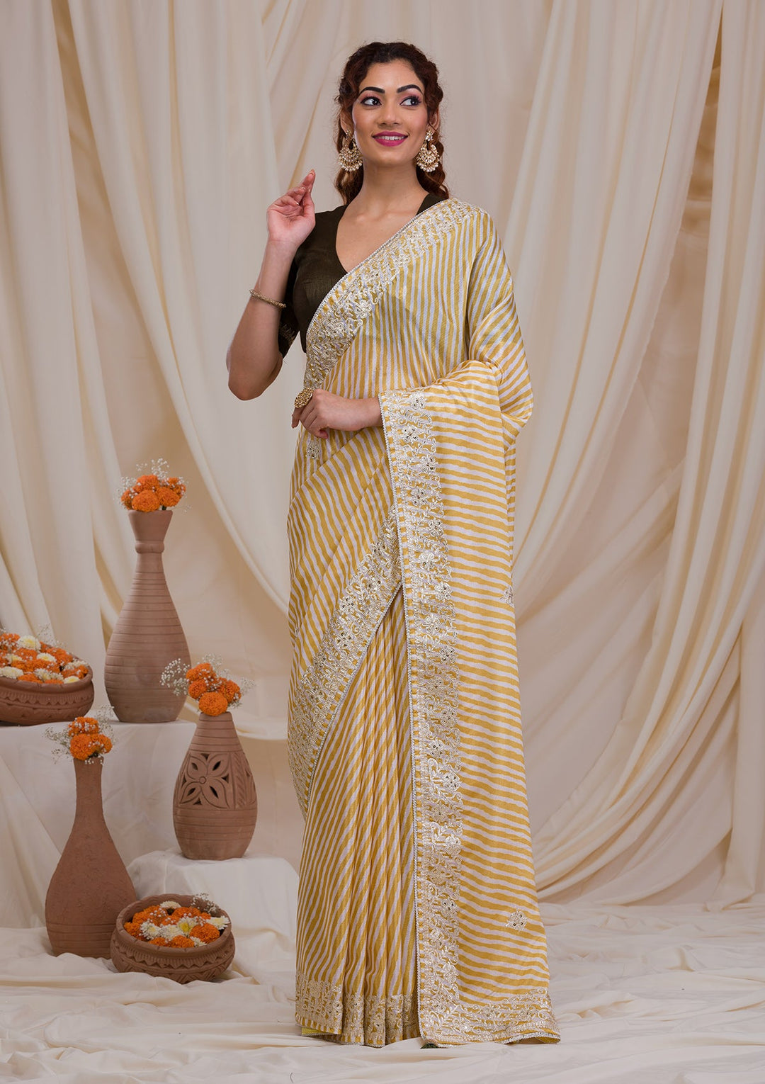 Yellow Printed Semi Crepe Saree-Koskii