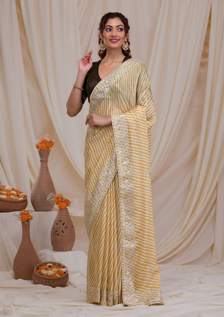 Yellow Printed Semi Crepe Saree-Koskii