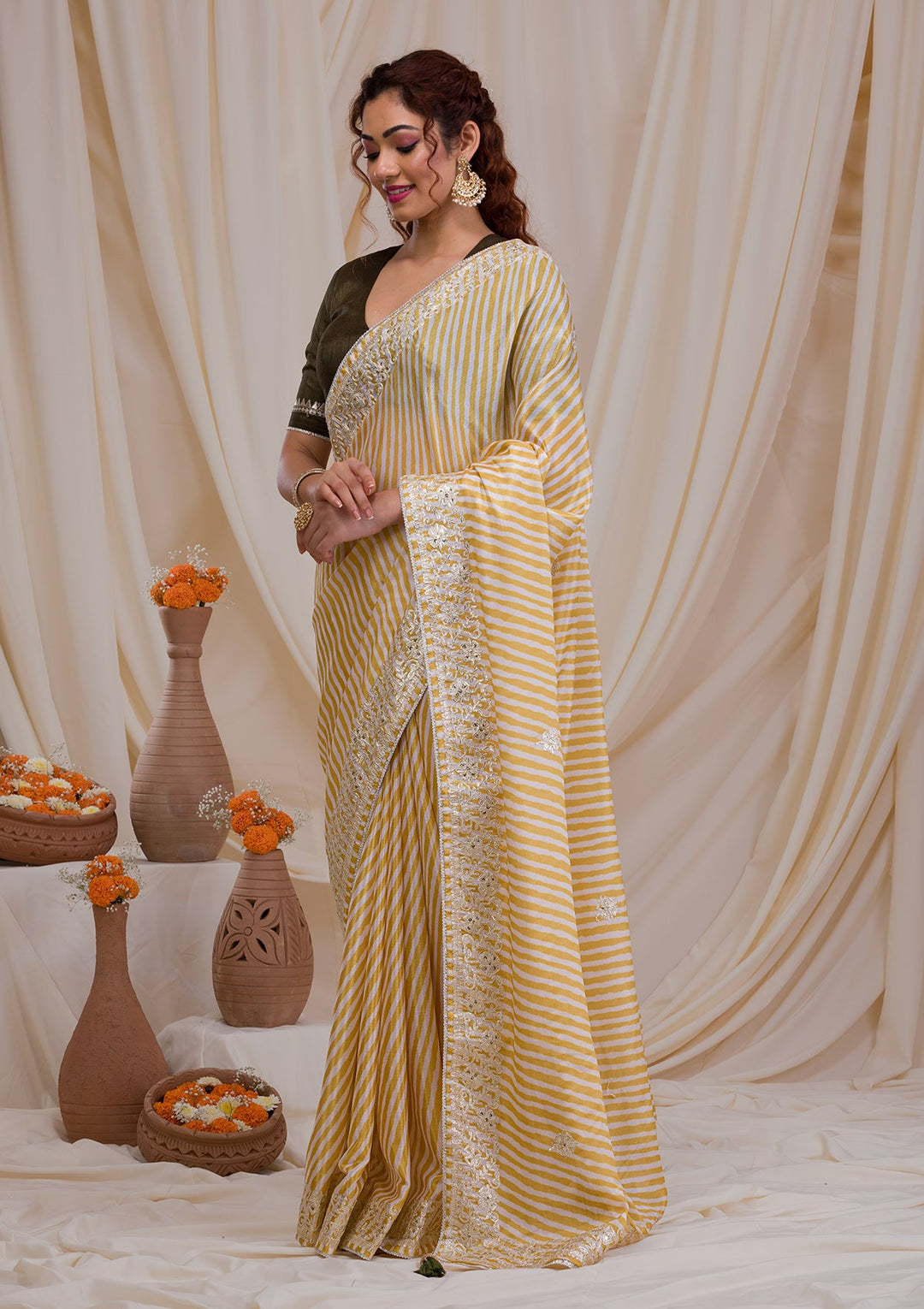 Yellow Printed Semi Crepe Saree-Koskii