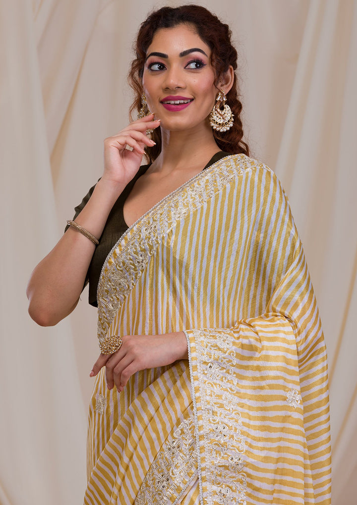 Yellow Printed Semi Crepe Saree-Koskii