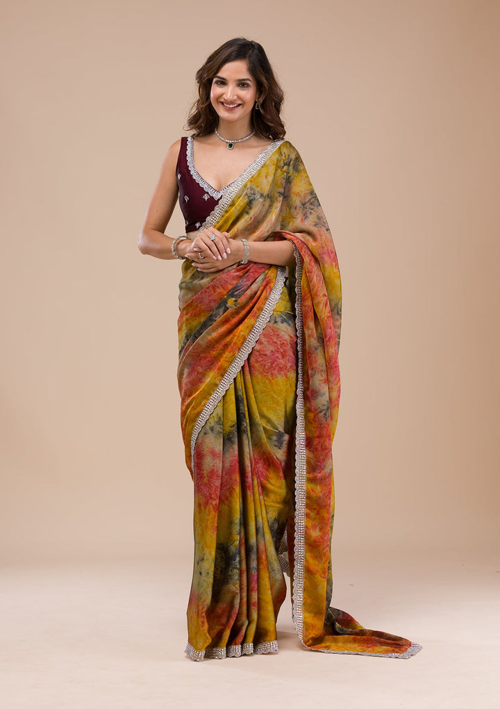 Yellow Printed Semi Crepe Saree-Koskii
