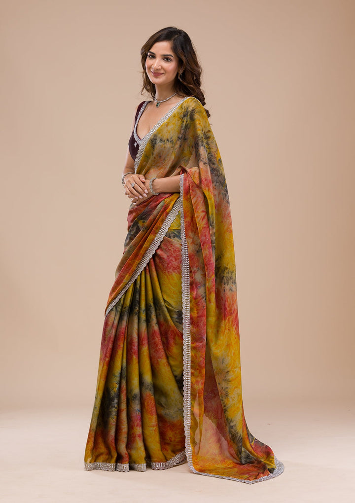 Yellow Printed Semi Crepe Saree-Koskii