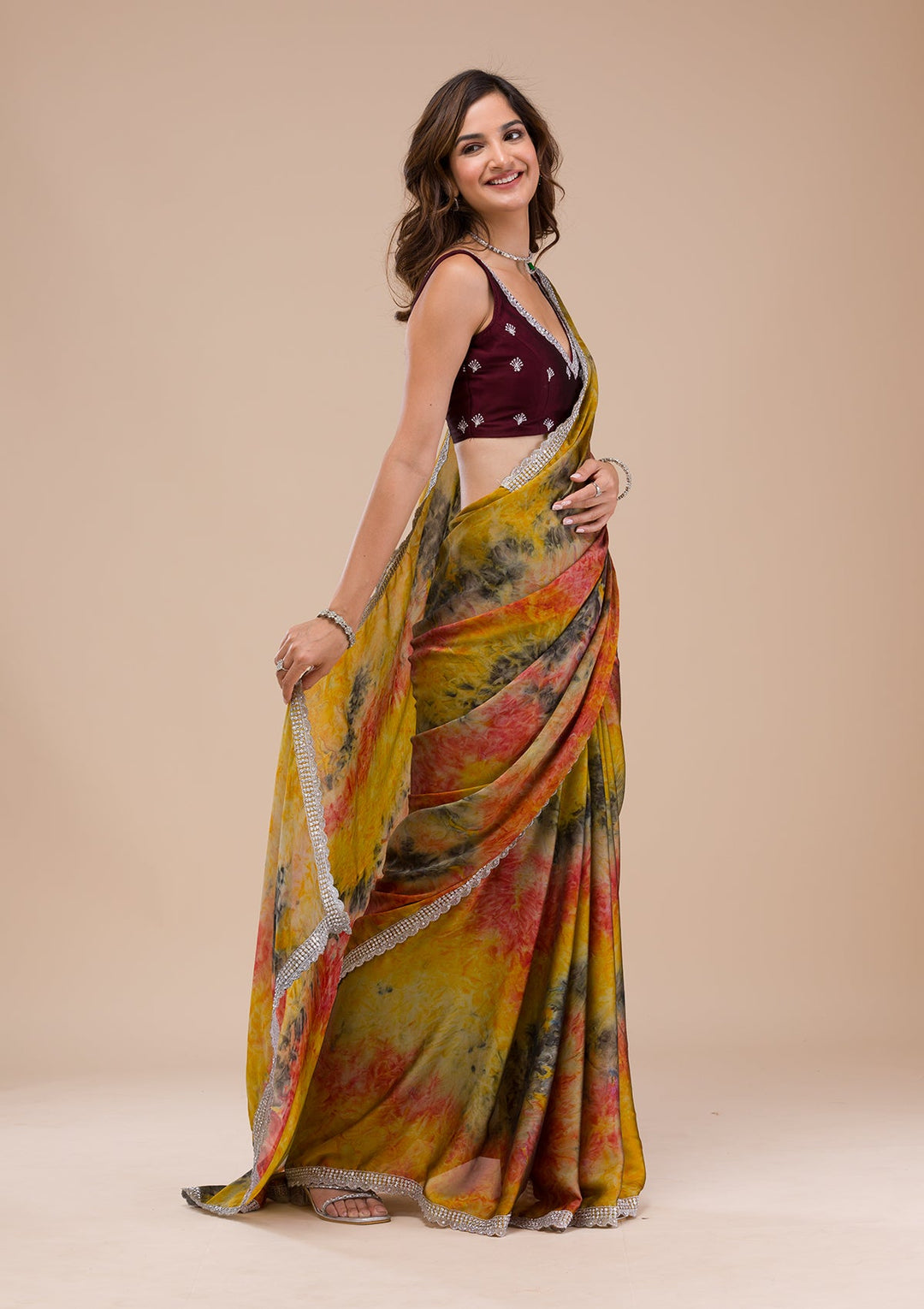 Yellow Printed Semi Crepe Saree-Koskii