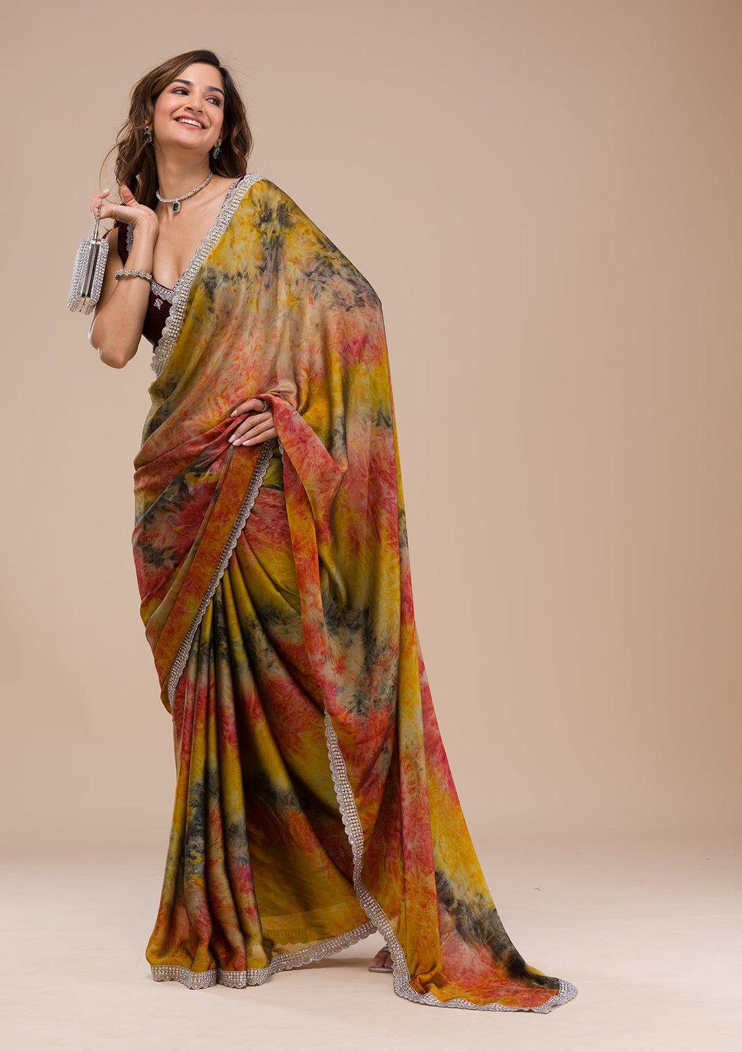 Yellow Printed Semi Crepe Saree-Koskii