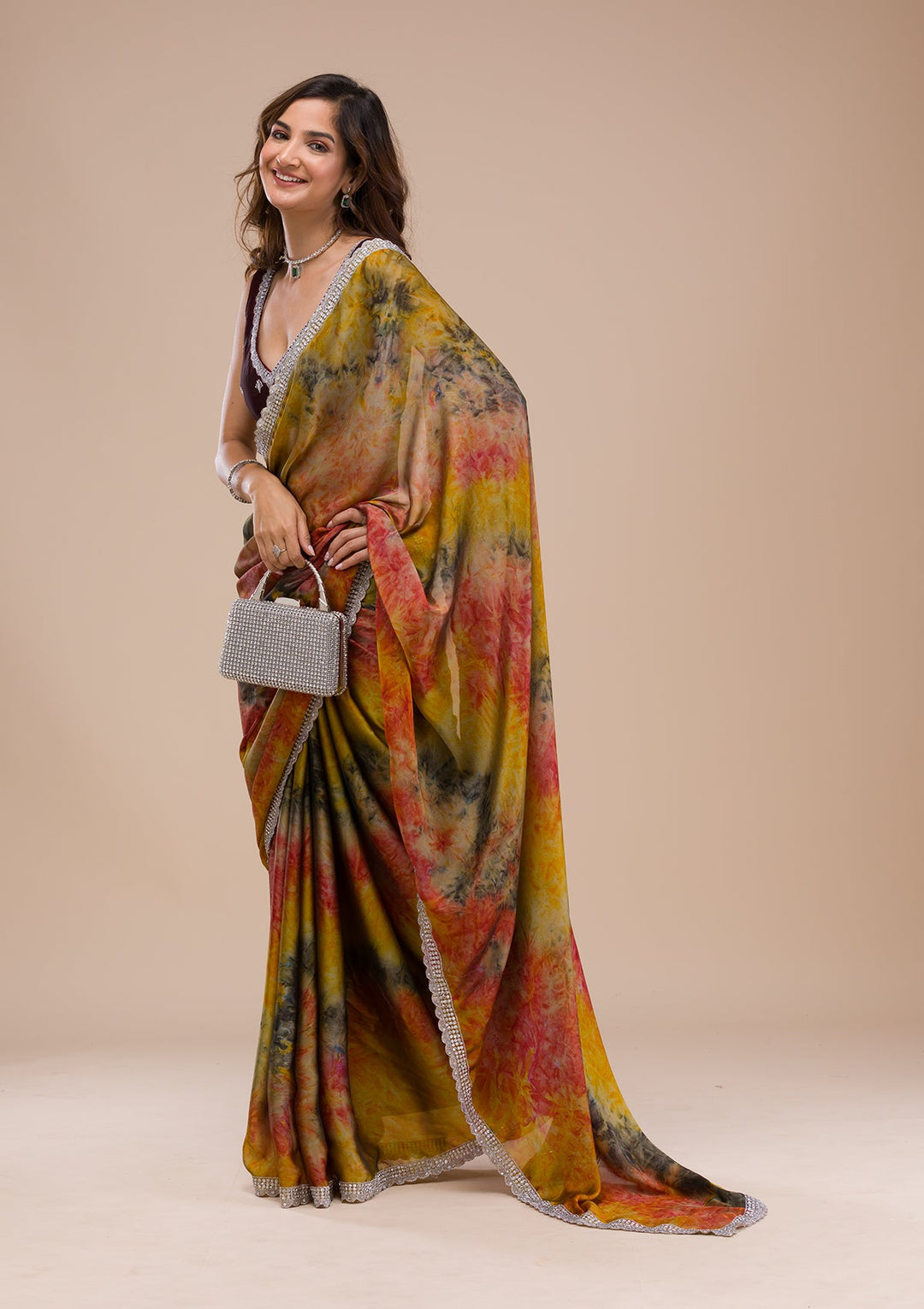 Yellow Printed Semi Crepe Saree-Koskii