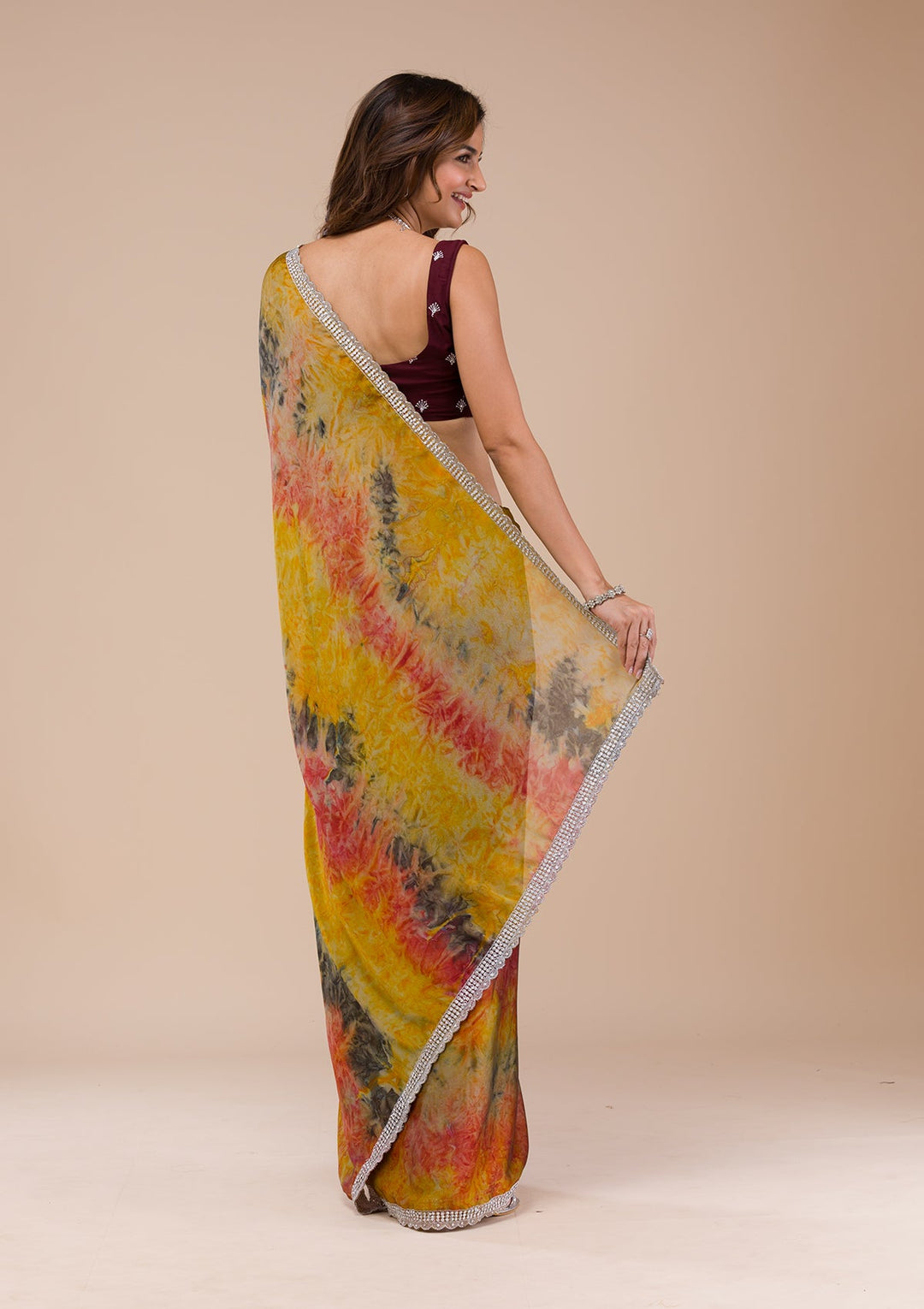 Yellow Printed Semi Crepe Saree-Koskii
