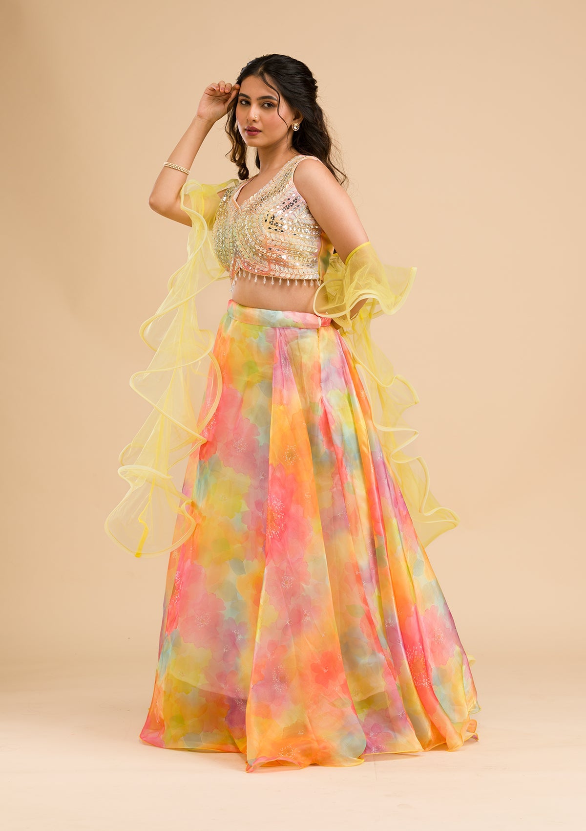 Yellow Printed Tissue Readymade Lehenga-Koskii