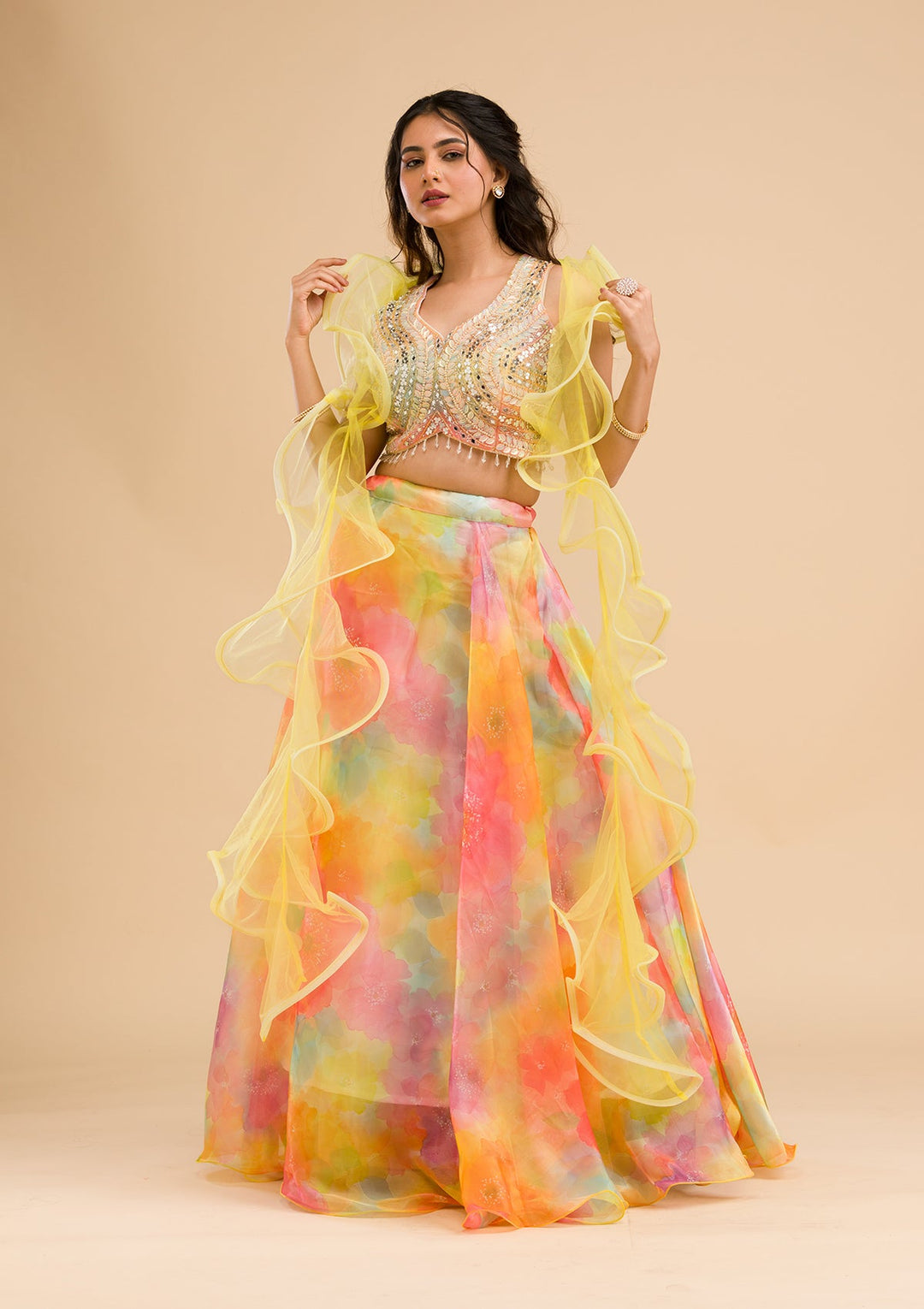 Yellow Printed Tissue Readymade Lehenga-Koskii