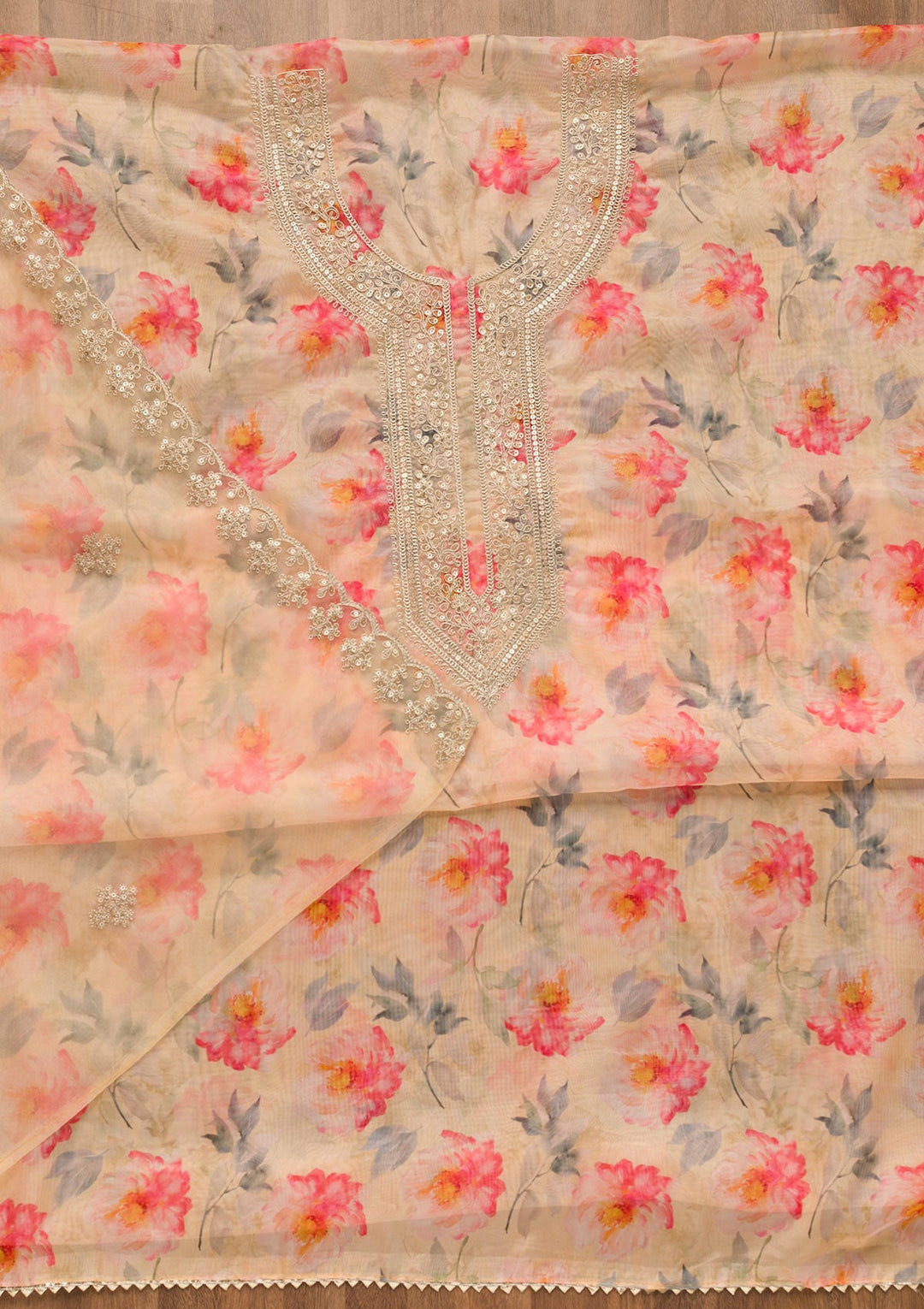 Yellow Printed Tissue Unstitched Salwar Suit-Koskii