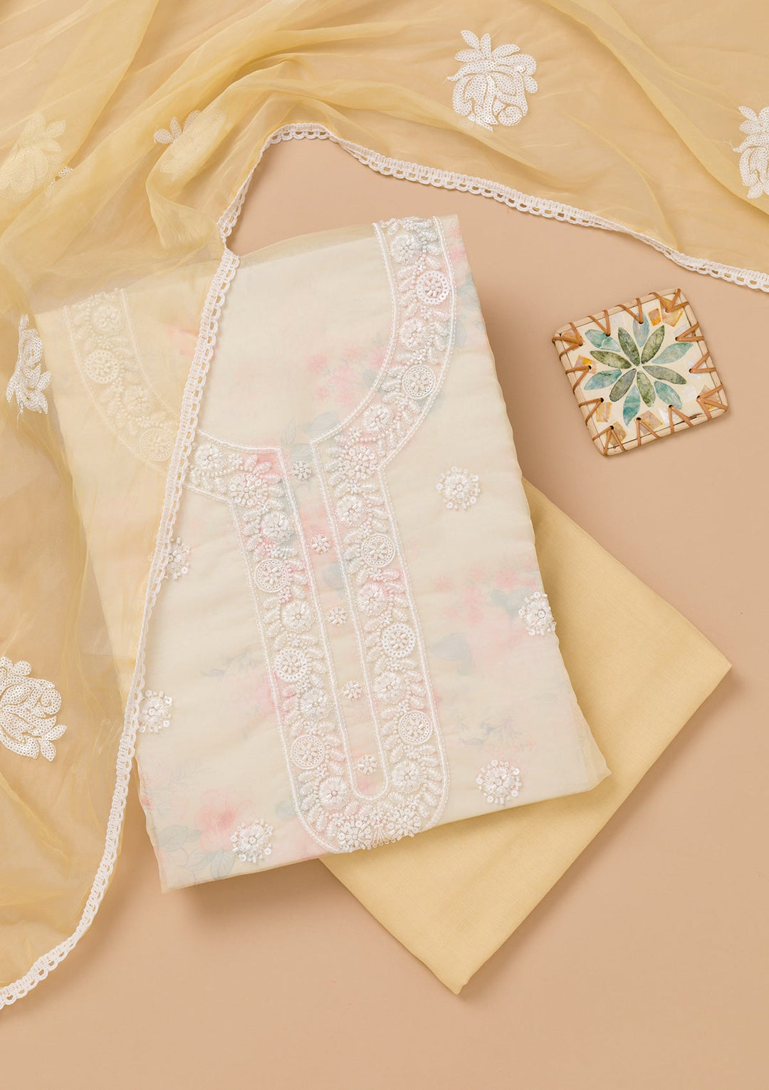 Yellow Printed Tissue Unstitched Salwar Kameez-Koskii