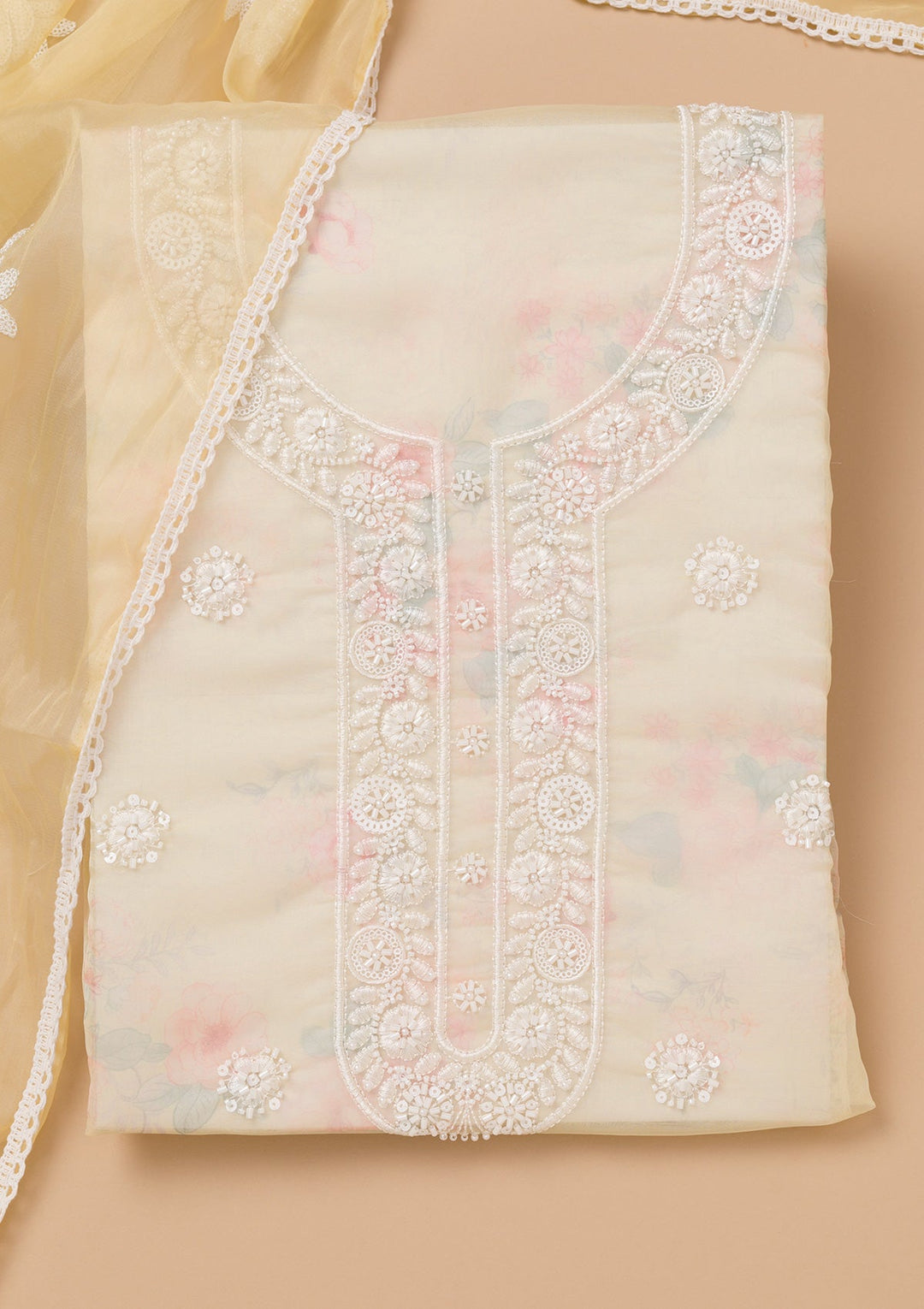 Yellow Printed Tissue Unstitched Salwar Kameez-Koskii