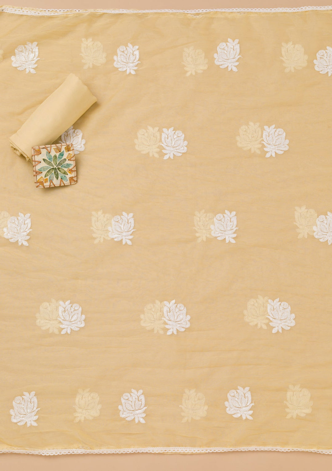 Yellow Printed Tissue Unstitched Salwar Kameez-Koskii
