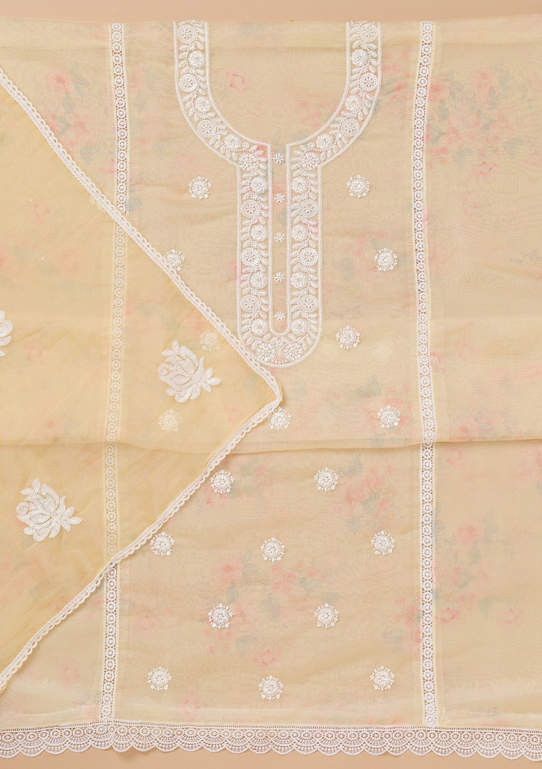 Yellow Printed Tissue Unstitched Salwar Kameez-Koskii