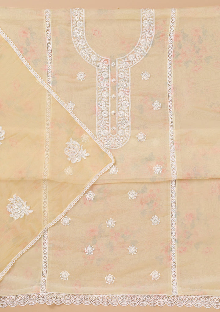 Yellow Printed Tissue Unstitched Salwar Kameez-Koskii