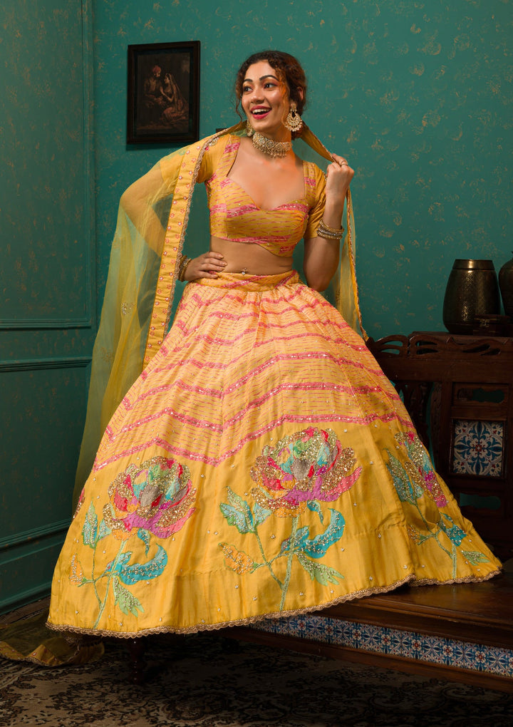 Yellow Sequins Crepe Readymade Lehenga-Koskii