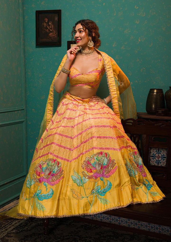 Yellow Sequins Crepe Readymade Lehenga-Koskii