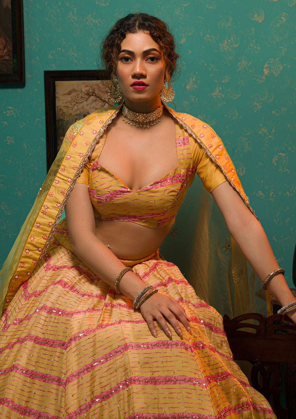 Yellow Sequins Crepe Readymade Lehenga-Koskii