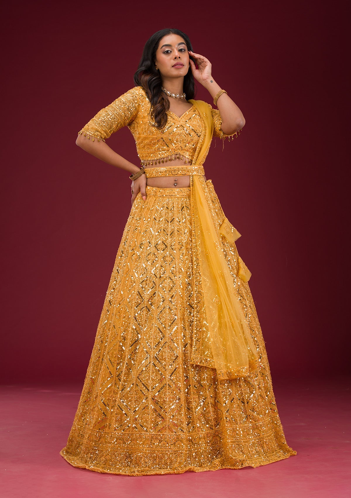 Yellow Sequins Net Readymade Lehenga-Koskii