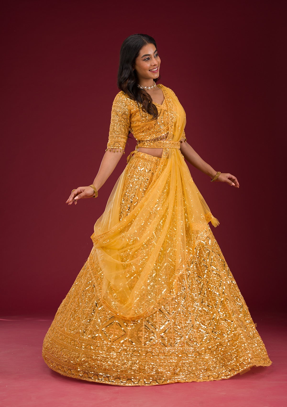 Yellow Sequins Net Readymade Lehenga-Koskii