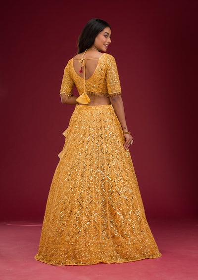 Yellow Sequins Net Readymade Lehenga-Koskii