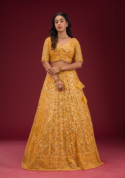 Yellow Sequins Net Readymade Lehenga-Koskii